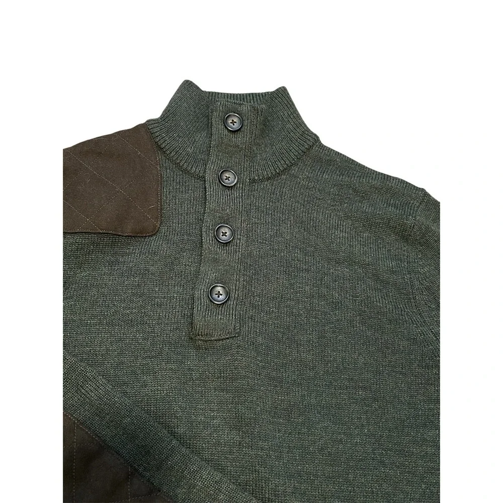 Banana Republic Heritage Merino Wool Sweater M Green Quarter Button Elbow Patch